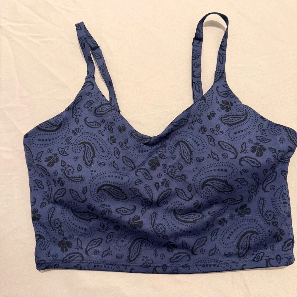 Athleta Elation Longline Bra Blue Paisley Powervita V-Neck Sports Bra Small